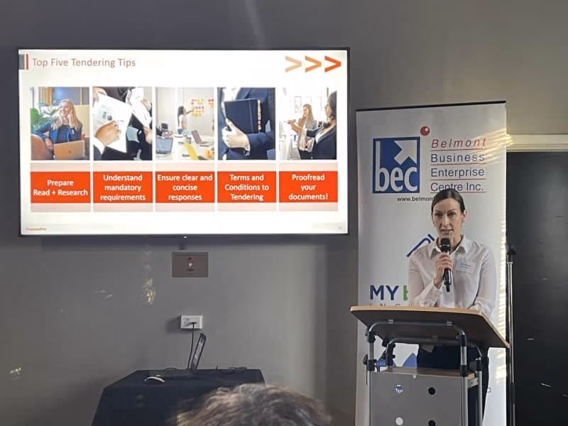 Roz Misiani (Principal Consultant, ProposalPro) giving a talk about Top 5 Tendering Tips